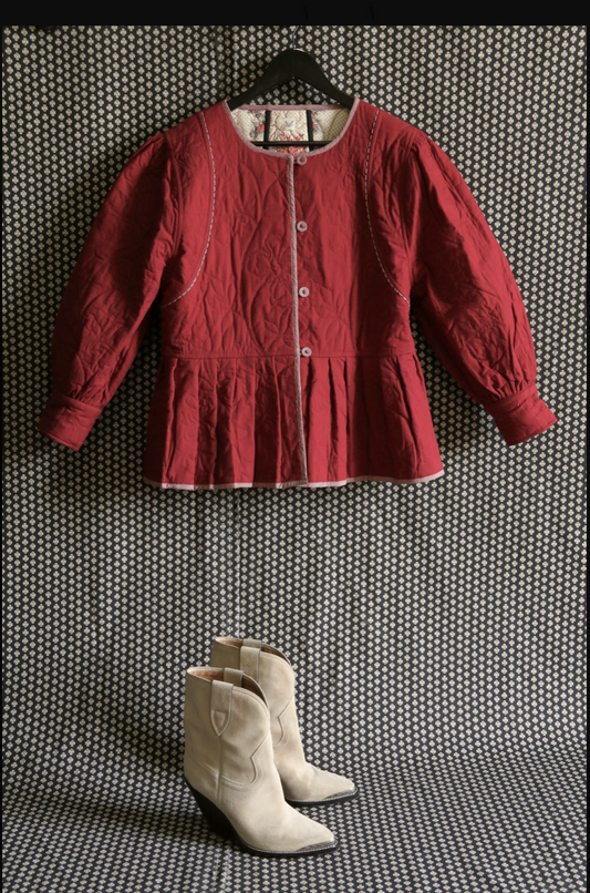Quilted jacket _Solid red wine / Bandana wheat ears print_Suranné