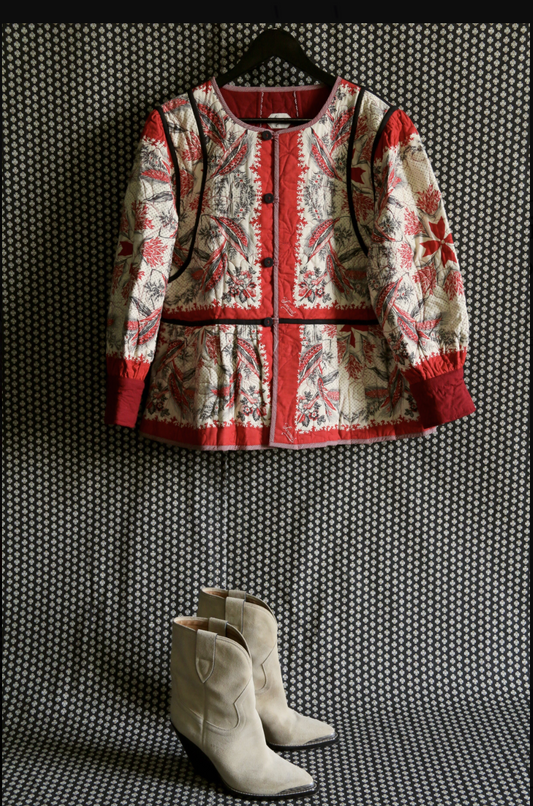 Quilted jacket _Solid red wine / Bandana wheat ears print_Suranné