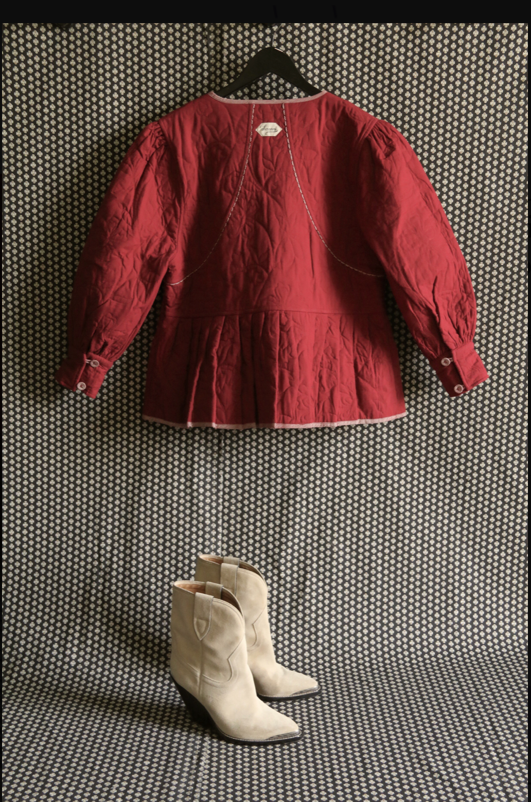 Quilted jacket _Solid red wine / Bandana wheat ears print_Suranné