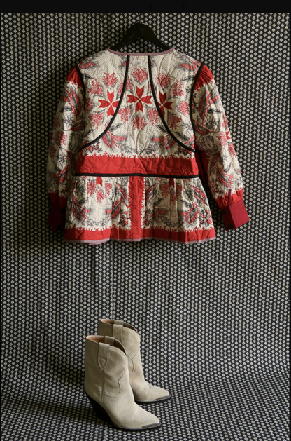 Quilted jacket _Solid red wine / Bandana wheat ears print_Suranné