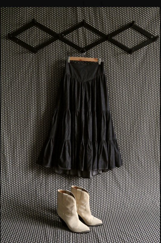 "MARGUERITE" long skirt_Black denim_Suranné