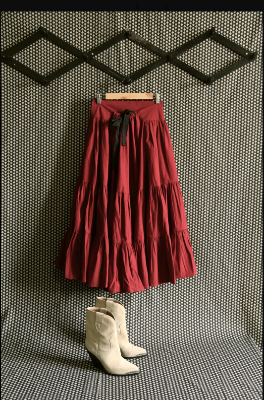 "MARGUERITE" long skirt_Red wine canvas_Suranné